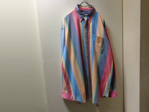 画像1: 90'S RALPH LAUREN BIG POLO MULTI STRIPE PATTERN L/S COTTON SHIRTS（ラルフローレン ビッグポロ マルチストライプ柄 ボタンダウン 長袖 コットン シャツ）裾ロゴ刺繍入り（XL）