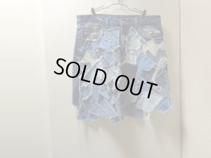 画像1: 90'S MATRIX INDIGO DENIM PATCHWORK CRUST CUT-OFF BAGGY SHORTS（マトリックス インディゴデニム パッチワーク仕様 クラスト カットオフ バギー ショーツ）HAND MADE（実寸W36）