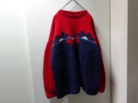 90'S CARAVAN FLOWER PATTERN ROLL NECK LOW-GAUGE WOOL KNIT ECUADOR SWEATER（キャラバン 織り花柄 + ロールネック仕様 ローゲージ ウール エクアドル セーター）HAND MADE（XL位）