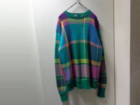 90'S RALPH LAUREN CHECK PATTERN LOW-GAUGE COTTON KNIT SWEATER（ラルフローレン チェック柄 ローゲージ仕様 コットン ニット セーター）無地仕様（M）