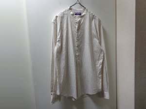 画像1: 00'S RALPH LAUREN PURPLE LABEL STRIPE PATTERN PULLOVER + BAND COLLAR L/S COTTON × SILK SHIRTS（ラルフローレン パープルレーベル ストライプ柄 被り + バンドカラー仕様 長袖 コットン × シルク混紡 シャツ）MADE IN ITALY（L）
