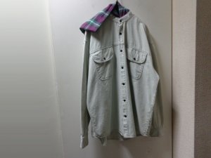 画像1: 90'S BILLABONG L/S GRAY DENIM SHIRTS WITH OMBRE CHECK PATTERN FLANNEL HOODED（ビラボン オンブレチェック柄フランネルフード付き 長袖 灰デニム シャツ）（L）