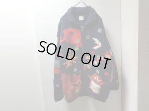 画像1: 90'S OVER THE RAINBOW TPOTAL PATTERN ZIP UP HEAVEY WOOL KNIT ECUADOR SWEATER（オーバーザレインボー ジップアップ仕様 総柄 ヘヴィー ウール ニット エクアドル セーター）HAND KNIT（L）