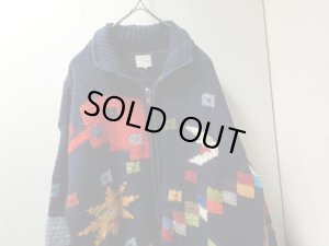 画像2: 90'S OVER THE RAINBOW TPOTAL PATTERN ZIP UP HEAVEY WOOL KNIT ECUADOR SWEATER（オーバーザレインボー ジップアップ仕様 総柄 ヘヴィー ウール ニット エクアドル セーター）HAND KNIT（L）