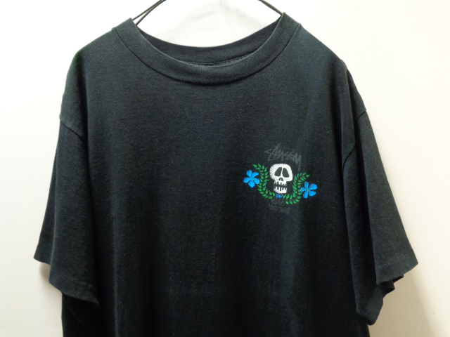80〜90'S OLD STUSSY SKULL&FLOWER T-SHIRTS(オールドステューシー スカル＆フラワーTシャツ)黒タグ（L
