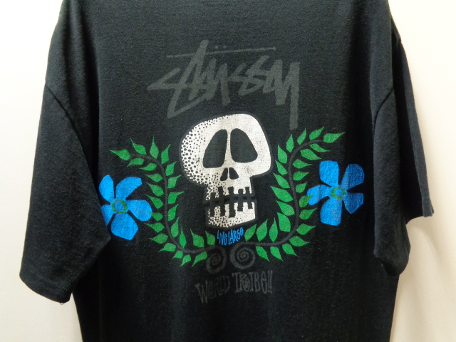 80〜90'S OLD STUSSY SKULL&FLOWER T-SHIRTS(オールドステューシー スカル＆フラワーTシャツ)黒タグ（L