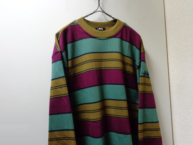 80'S OLD STUSSY MULTI BORDER PATTERNE CREW-NECKSWEAT(オールド