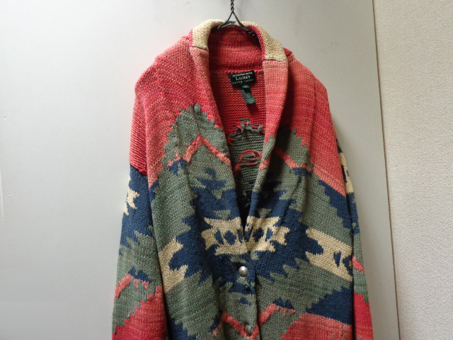 90'S RALPH LAUREN NATIVE PATTERN LOW-GAUGE COTTON KNIT CARDIGAN