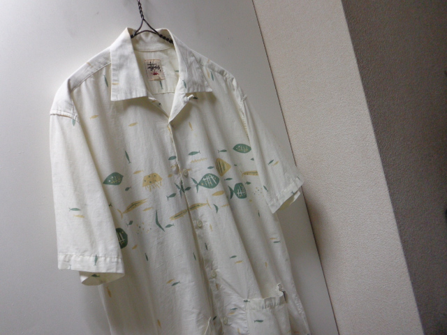 90'S OLD STUSSY FISH PATTERN OPEN COLLAR S/S RAYON SHIRTS
