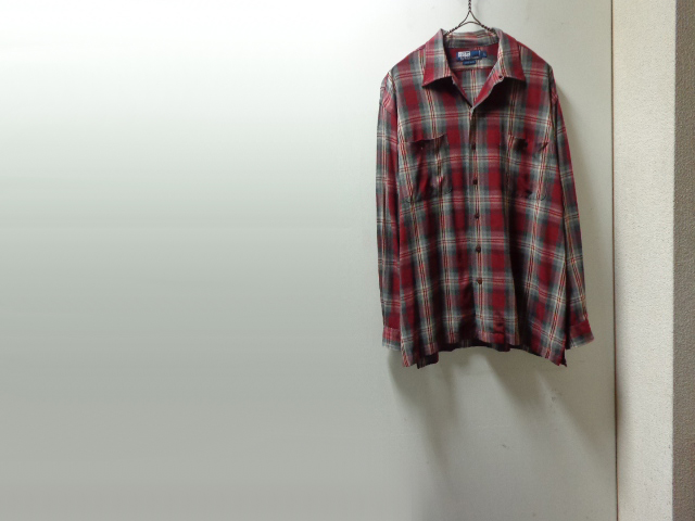 90'S RALPH LAUREN OMBRE CHECK PATTERN L/S OPEN COLLAR RAYON SHIRTS（ラルフ
