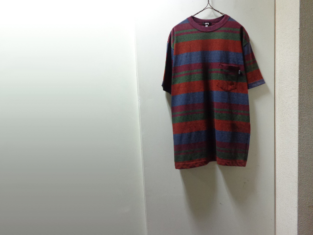 80'S OLD STUSSY MULTI BORDER PATTERNE T-SHIRTS WITH POCKET 