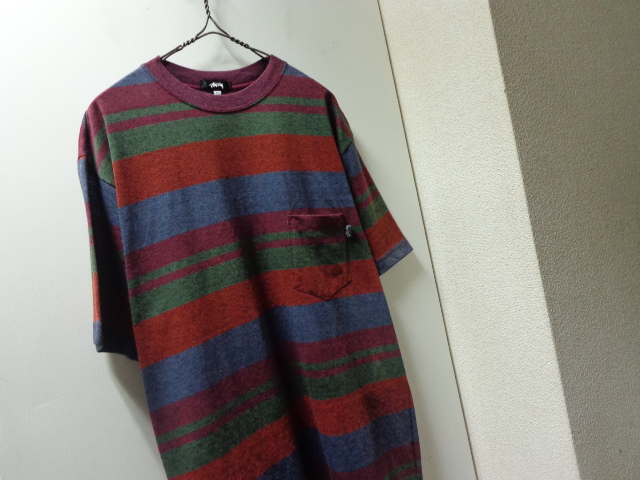 80'S OLD STUSSY MULTI BORDER PATTERNE T-SHIRTS WITH POCKET 