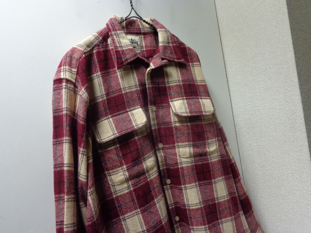 90'S OLD STUSSY CHECK PATTERN OPEN COLLAR L/S POLYESTER × WOOL SHIRTS