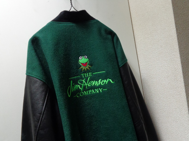 90'S Jim Henson COMPANY KERMIT LEATHER × MELTON STADIUM JACKET