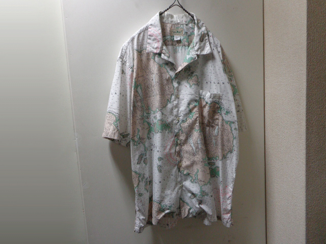 80'S L．L．Bean MAP TOTAL PATTERN + OPEN COLLAR S/S COTTON SHIRTS（L．L．ビーン 地図総柄  + 開襟仕様 半袖 コットン シャツ）MADE IN USA（XL） - ANAME